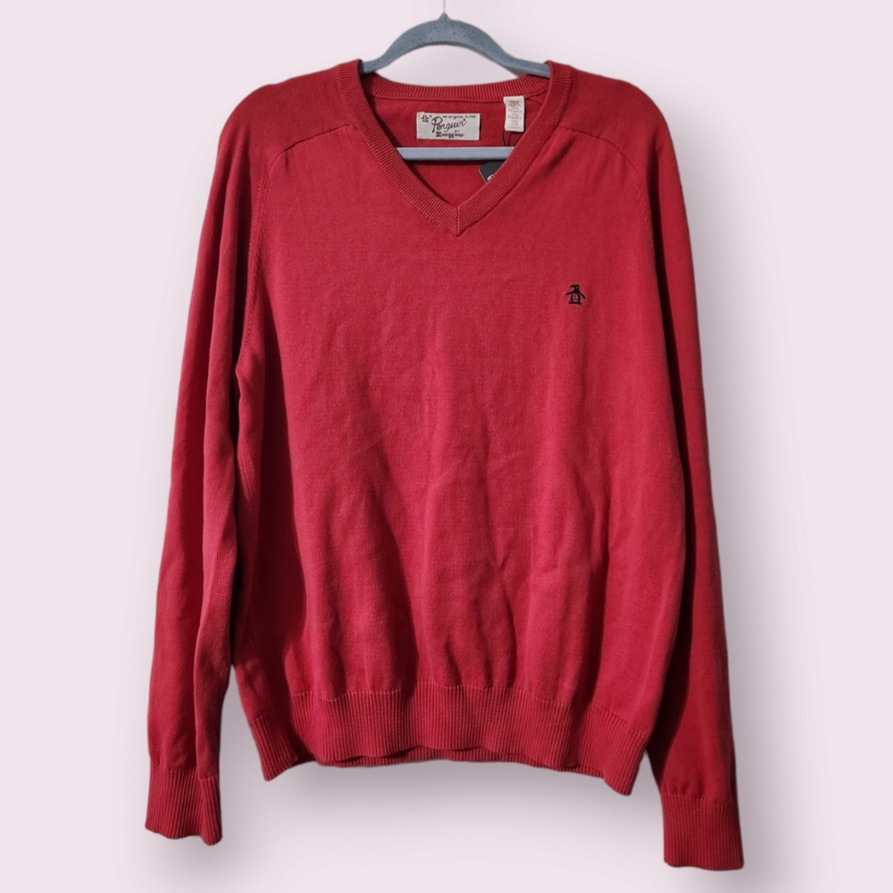 Penguin VNeck Pullover Sweater Men Size XL Salmon Pink Trendy Made of Cotton NWT